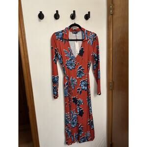 NWT Zara Red White Blue Floral Dress With Belt Size Small July Deep V Soft Light